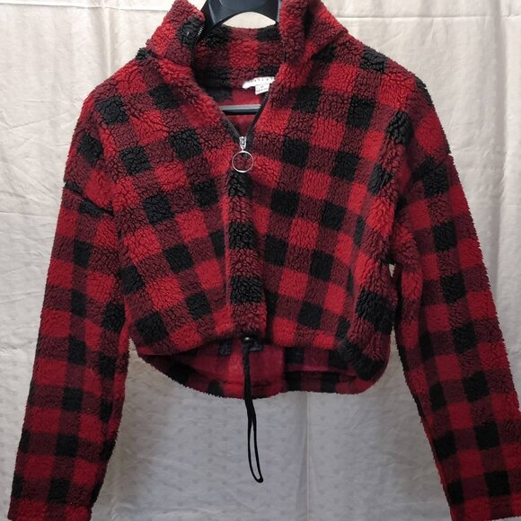 Buffalo Plaid Fuzzy Crop Sweater - Picture 1 of 3